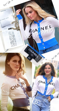 CHANEL 19S Ivory Blue Line Logo Cashmere Knit Cardigan 42 シャネル アイボリー ブルー バイカラー ロゴ カシミヤ 100% ニット カーディガン 即発