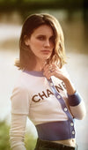 CHANEL 19S Ivory Blue Line Logo Cashmere Knit Cardigan 42 シャネル アイボリー ブルー バイカラー ロゴ カシミヤ 100% ニット カーディガン 即発