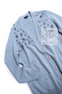 CHANEL 16PF Pale Blue Cashmere 100 Knit Cardigan 50 シャネル ペールブルー カシミヤ 100 ニット カーディガン ハンドメイド シルバー 装飾 即発
