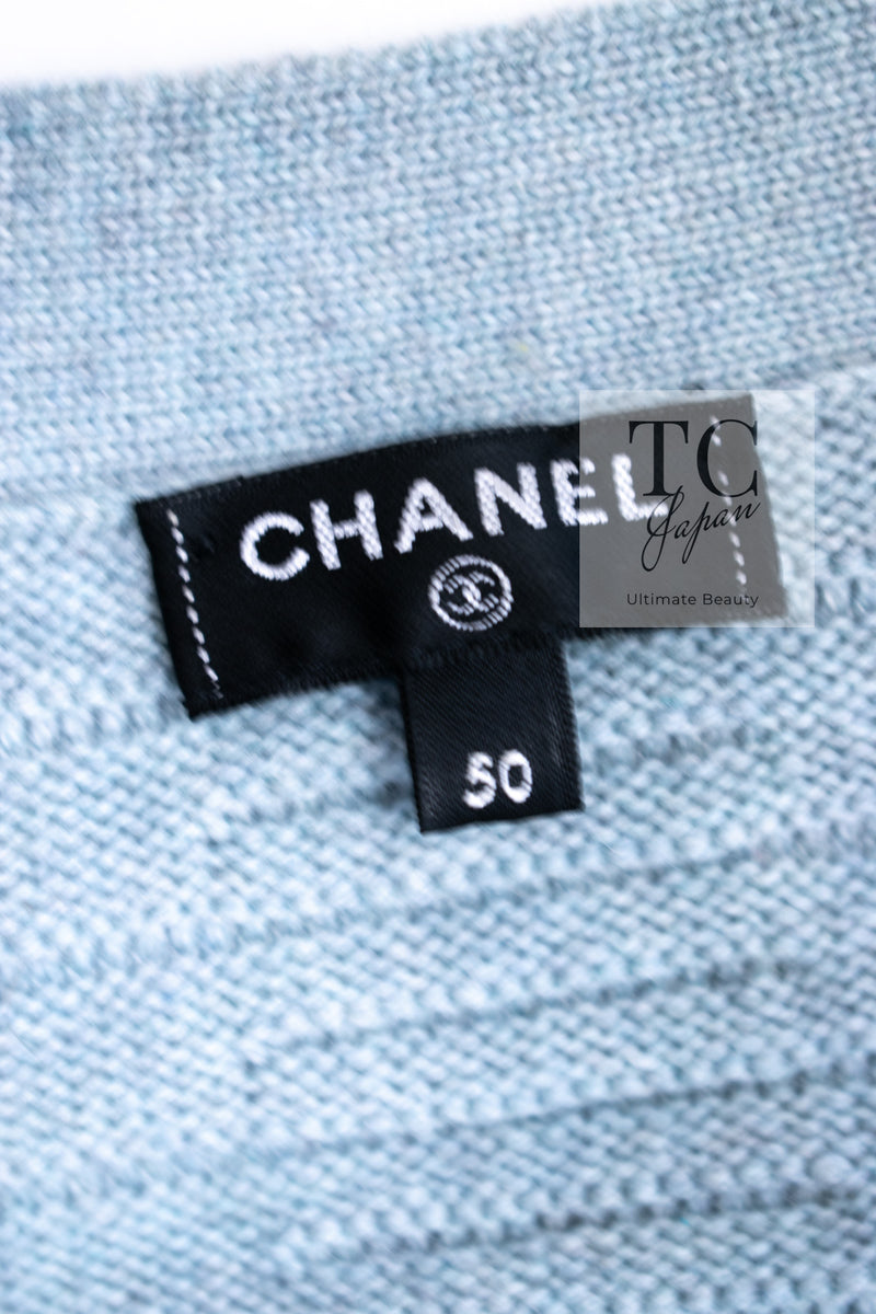 CHANEL 16PF Pale Blue Cashmere 100 Knit Cardigan 50 シャネル ペールブルー カシミヤ 100 ニット カーディガン ハンドメイド シルバー 装飾 即発