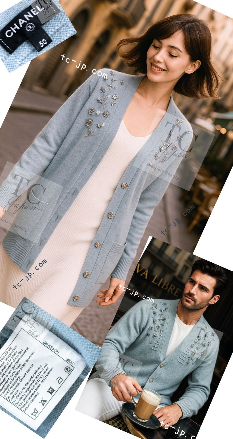 CHANEL 16PF Pale Blue Cashmere 100 Knit Cardigan 50 シャネル ペールブルー カシミヤ 100 ニット カーディガン ハンドメイド シルバー 装飾 即発