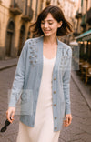 CHANEL 16PF Pale Blue Cashmere 100 Knit Cardigan シャネル ペールブルー カシミヤ 100 ニット カーディガン ハンドメイド シルバー 装飾 即発
