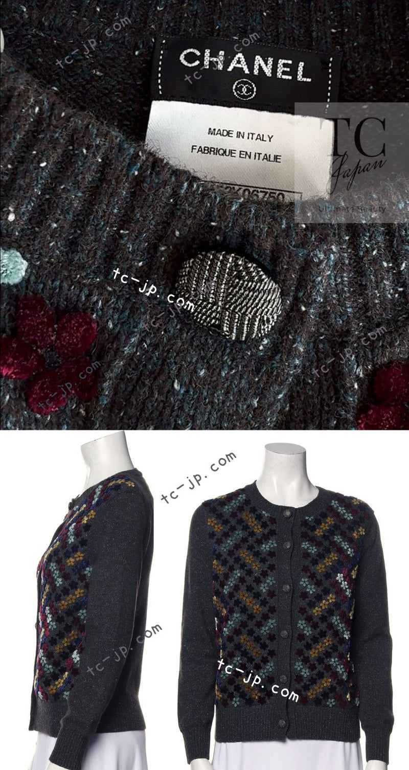 CHANEL 15B Charcoal Gray Silk Wool Cashmere Floral Applique Knit Cardigan 38 40 42 シャネル チャコールグレー シルク ウール カシミヤ お花アップリケ ニット カーディガン 即発