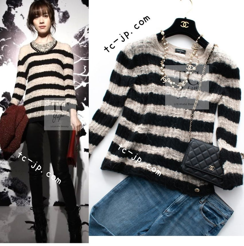 CHANEL 11A Black Moca Beige Stripe Border Cashmere Alpaca Tops Sweater 38 シャネル ブラック モカ ベージュ ボーダー カシミヤ アルパカ トップス セーター 女優 ハンヒョジュ 着 即発