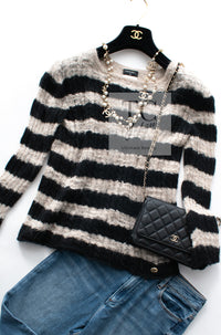 CHANEL 11A Black Moca Beige Stripe Border Cashmere Alpaca Tops Sweater 38 シャネル ブラック モカ ベージュ ボーダー カシミヤ アルパカ トップス セーター 女優 ハンヒョジュ 着 即発