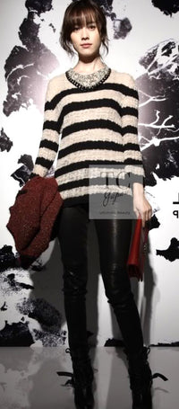 CHANEL 11A Black Moca Beige Stripe Border Cashmere Alpaca Tops Sweater 38 シャネル ブラック モカ ベージュ ボーダー カシミヤ アルパカ トップス セーター 女優 ハンヒョジュ 着 即発