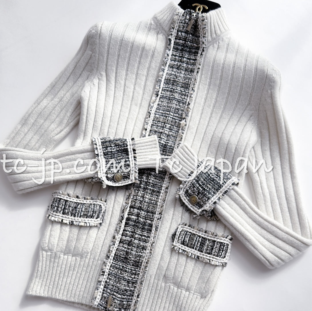 シャネル カーディガン CHANEL カシミア グレー アイボリー シャネル カーディガン CHANEL カシミア グレー アイボリー