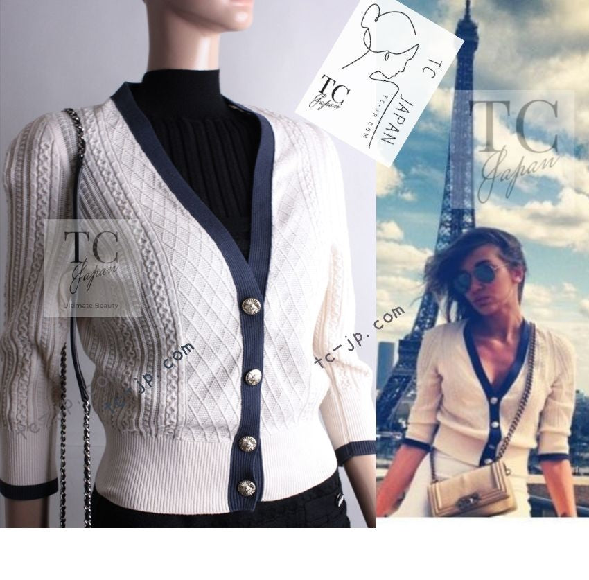 CHANEL 13C Beige Ivory Navy Cotton Knit Cardigan 38 40 シャネル ベージュ アイボリー ネイビー コットン ニット カーディガン 即発