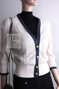 CHANEL 13C Beige Ivory Navy Cotton Knit Cardigan 38 40 シャネル ベージュ アイボリー ネイビー コットン ニット カーディガン 即発