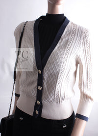 CHANEL 13C Beige Ivory Navy Cotton Knit Cardigan 38 40 シャネル ベージュ アイボリー ネイビー コットン ニット カーディガン 即発