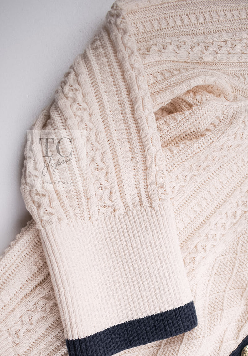 CHANEL 13C Beige Ivory Navy Cotton Knit Cardigan 38 40 シャネル ベージュ アイボリー ネイビー コットン ニット カーディガン 即発