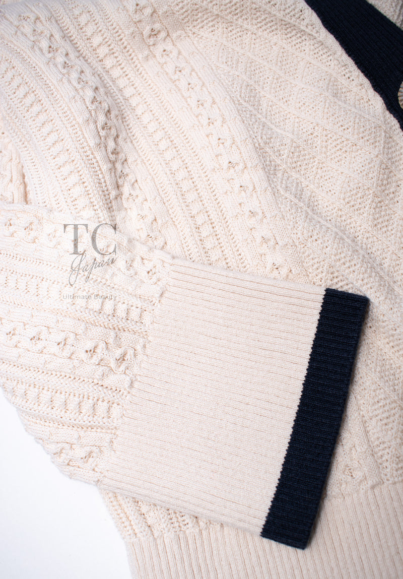 CHANEL 13C Beige Ivory Navy Cotton Knit Cardigan 38 40 シャネル ベージュ アイボリー ネイビー コットン ニット カーディガン 即発