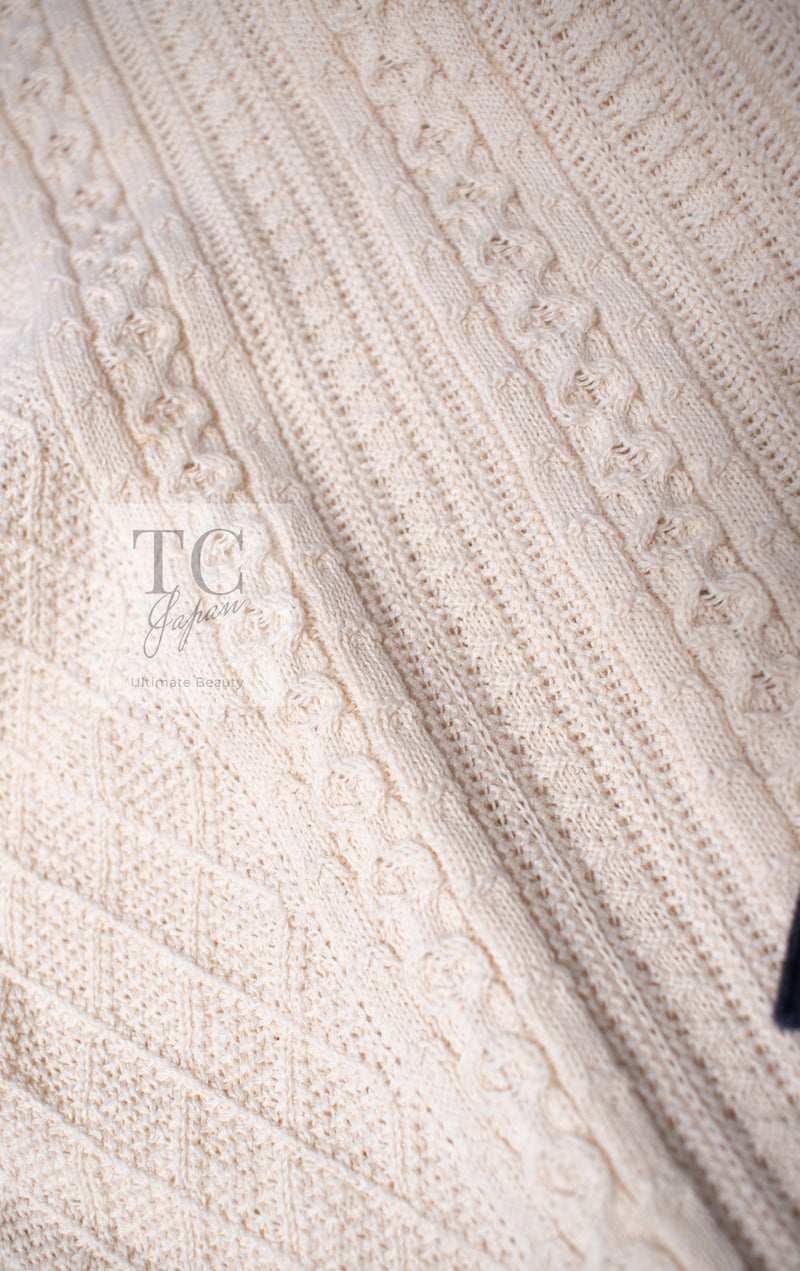 CHANEL 13C Beige Ivory Navy Cotton Knit Cardigan 38 40 シャネル ベージュ アイボリー ネイビー コットン ニット カーディガン 即発
