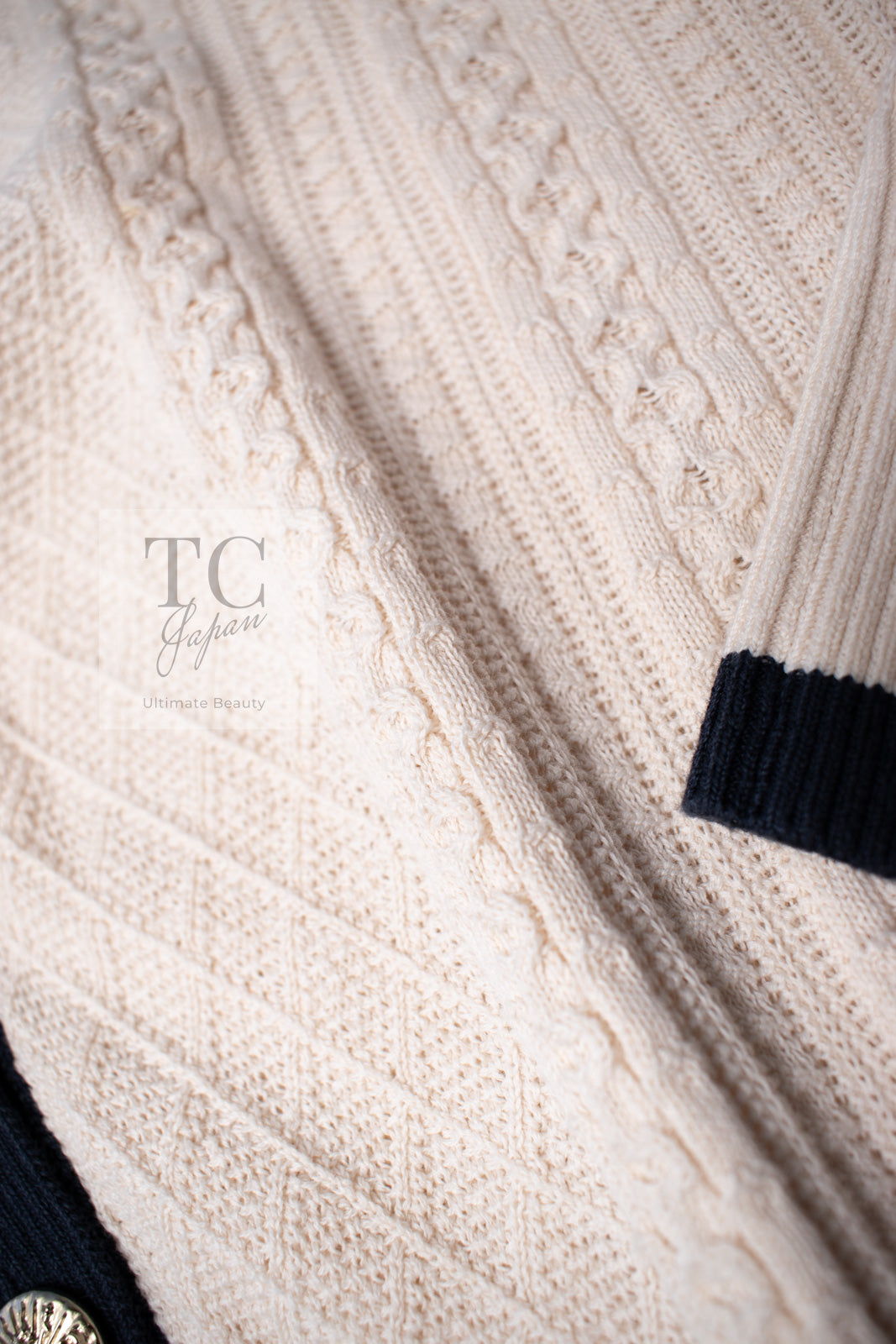 CHANEL 13C Beige Ivory Navy Cotton Knit Cardigan 38 40 シャネル ベージュ アイボリー ネイビー コットン ニット カーディガン 即発