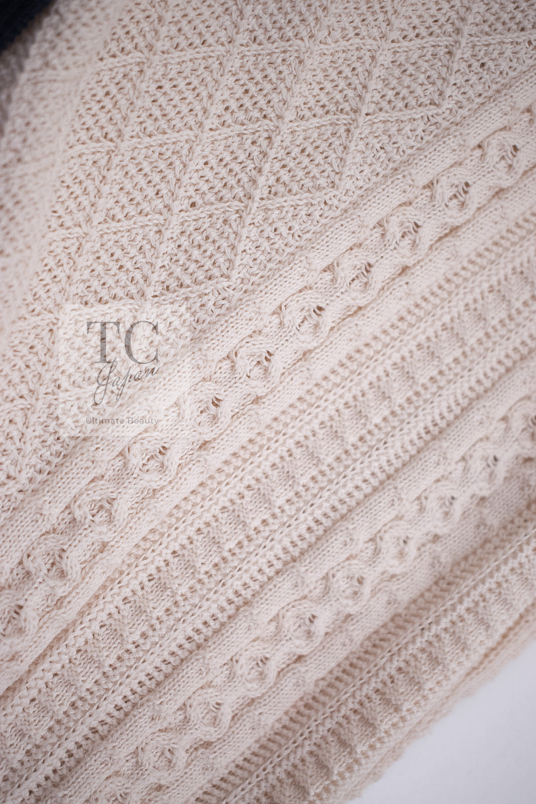 CHANEL 13C Beige Ivory Navy Cotton Knit Cardigan 38 40 シャネル ベージュ アイボリー ネイビー コットン ニット カーディガン 即発