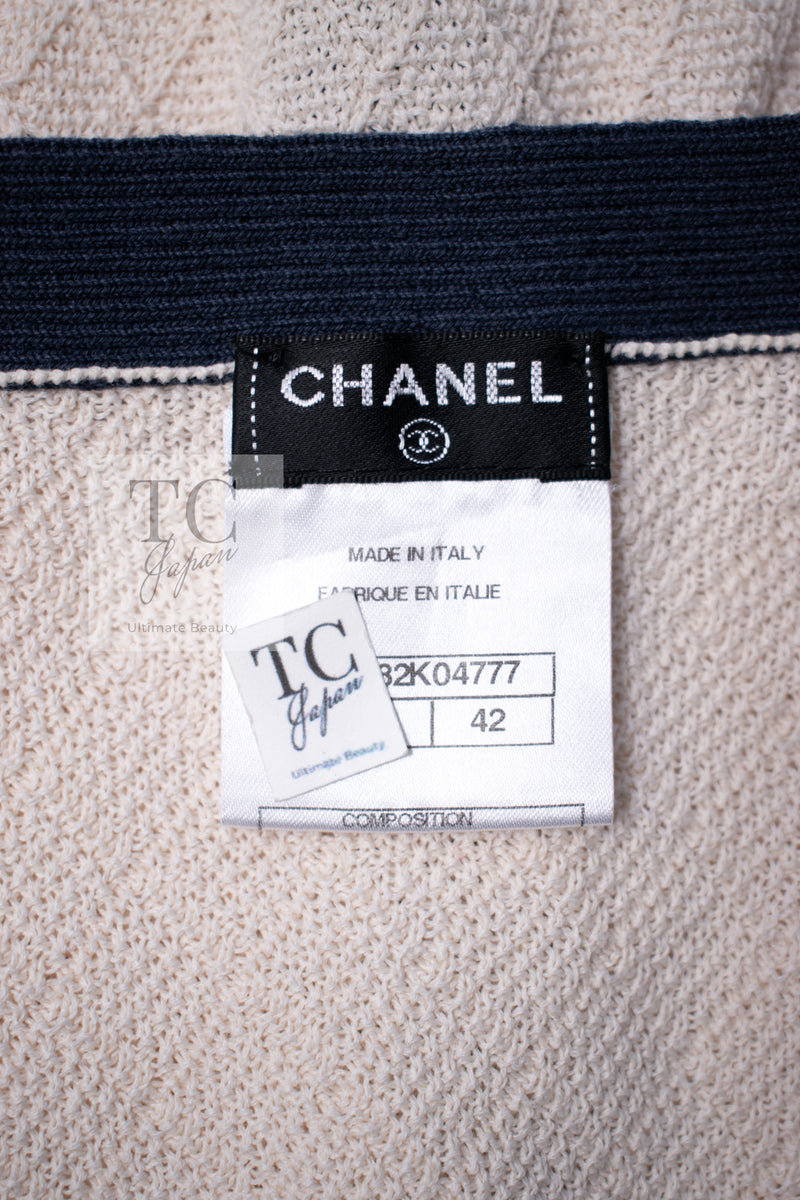 CHANEL 13C Beige Ivory Navy Cotton Knit Cardigan 38 40 シャネル ベージュ アイボリー ネイビー コットン ニット カーディガン 即発