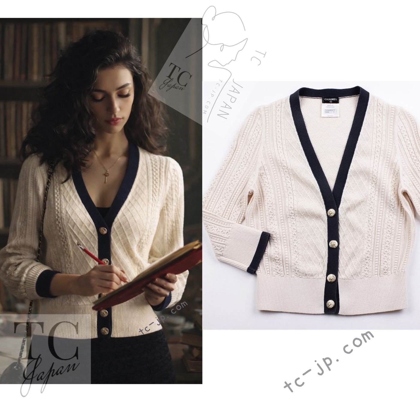 CHANEL 13C Beige Ivory Navy Cotton Knit Cardigan 38 40 シャネル ベージュ アイボリー ネイビー コットン ニット カーディガン 即発