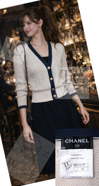 CHANEL 13C Beige Ivory Navy Cotton Knit Cardigan 38 40 シャネル ベージュ アイボリー ネイビー コットン ニット カーディガン 即発