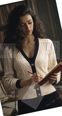 CHANEL 13C Beige Ivory Navy Cotton Knit Cardigan 38 40 シャネル ベージュ アイボリー ネイビー コットン ニット カーディガン 即発