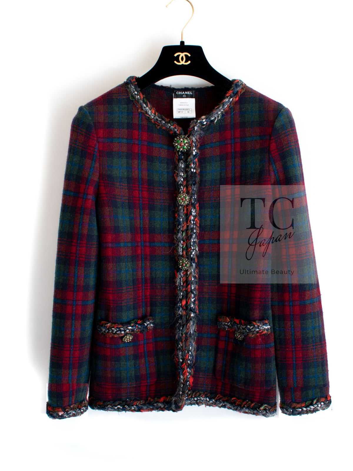 ♫シャネル CHANEL ツイードジャケット チェック柄 #42 CHANEL】シャネル『チェック ツイード 八分袖ジャケット size42