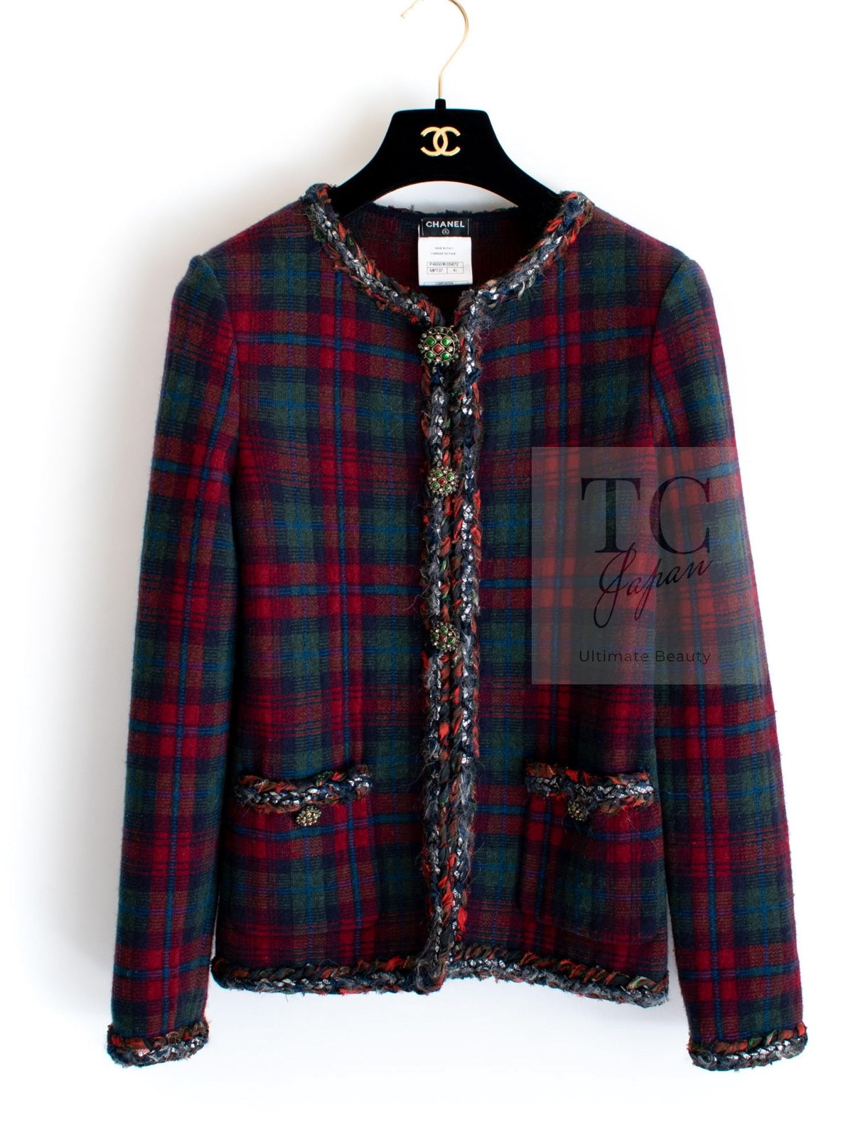 CHANEL 13PF Red Green Tartan Gripoix Button Cashmere Cardigan 40 シャネル レッド グリーン タータンチェック グリポワ 宝石 ボタン カシミア カーディガン 即発