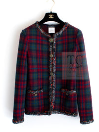 CHANEL 13PF Red Green Tartan Gripoix Button Cashmere Cardigan 40 シャネル レッド グリーン タータンチェック グリポワ 宝石 ボタン カシミア カーディガン 即発