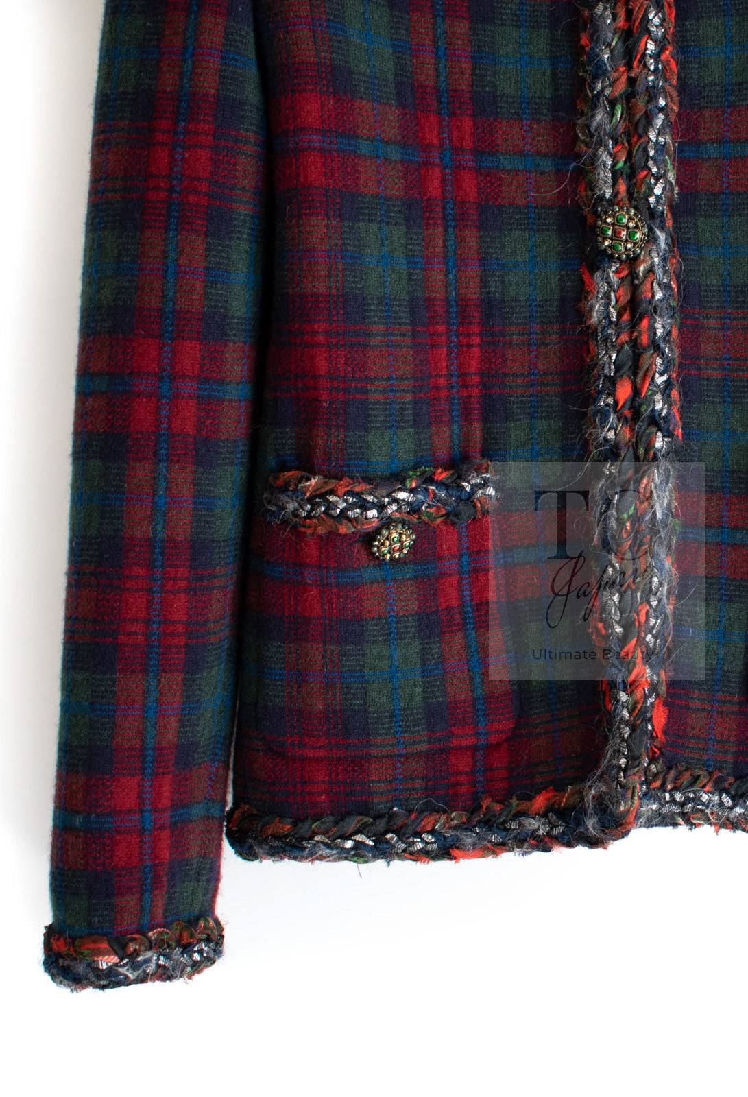 CHANEL 13PF Red Green Tartan Gripoix Button Cashmere Cardigan 40 シャネル レッド グリーン タータンチェック グリポワ 宝石 ボタン カシミア カーディガン 即発