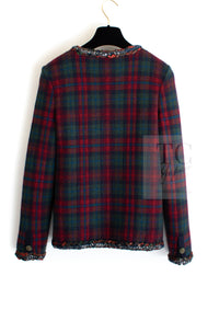 CHANEL 13PF Red Green Tartan Gripoix Button Cashmere Cardigan 40 シャネル レッド グリーン タータンチェック グリポワ 宝石 ボタン カシミア カーディガン 即発