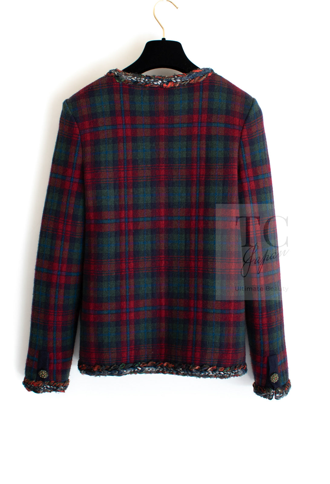 CHANEL 13PF Red Green Tartan Gripoix Button Cashmere Cardigan 40 シャネル レッド グリーン タータンチェック グリポワ 宝石 ボタン カシミア カーディガン 即発