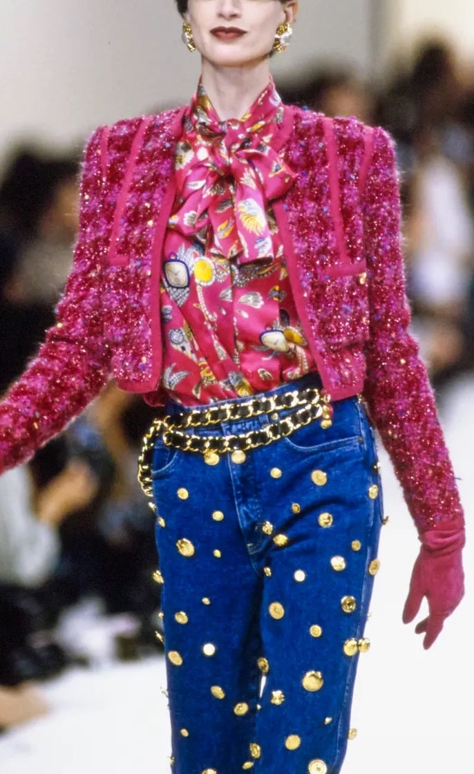 CHANEL 91A Vintage Pink Wool Silk Tweed Jacket Skirt Suit Tops 36 38 シャネル ヴィンテージ・ピンク・ウール・シルク・ツイード・ジャケット・スカート・ブラウストップス・スーツ 即発
