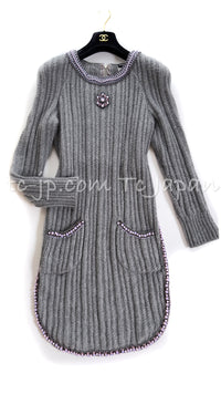 CHANEL 08A Gray Cashmere Beads Trim Knit Tops Skrit Dress 34 36  シャネル グレー カシミヤ ビーズ トリム ニット スカート トップス ワンピース