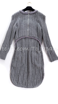 CHANEL 08A Gray Cashmere Beads Trim Knit Tops Skrit Dress 34 36  シャネル グレー カシミヤ ビーズ トリム ニット スカート トップス ワンピース 即発