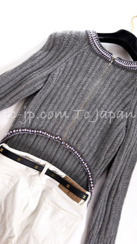 CHANEL 08A Gray Cashmere Beads Trim Knit Tops Skrit Dress 34 36  シャネル グレー カシミヤ ビーズ トリム ニット スカート トップス ワンピース 即発