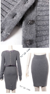 CHANEL 08A Gray Cashmere Beads Trim Knit Tops Skrit Dress 34 36  シャネル グレー カシミヤ ビーズ トリム ニット スカート トップス ワンピース