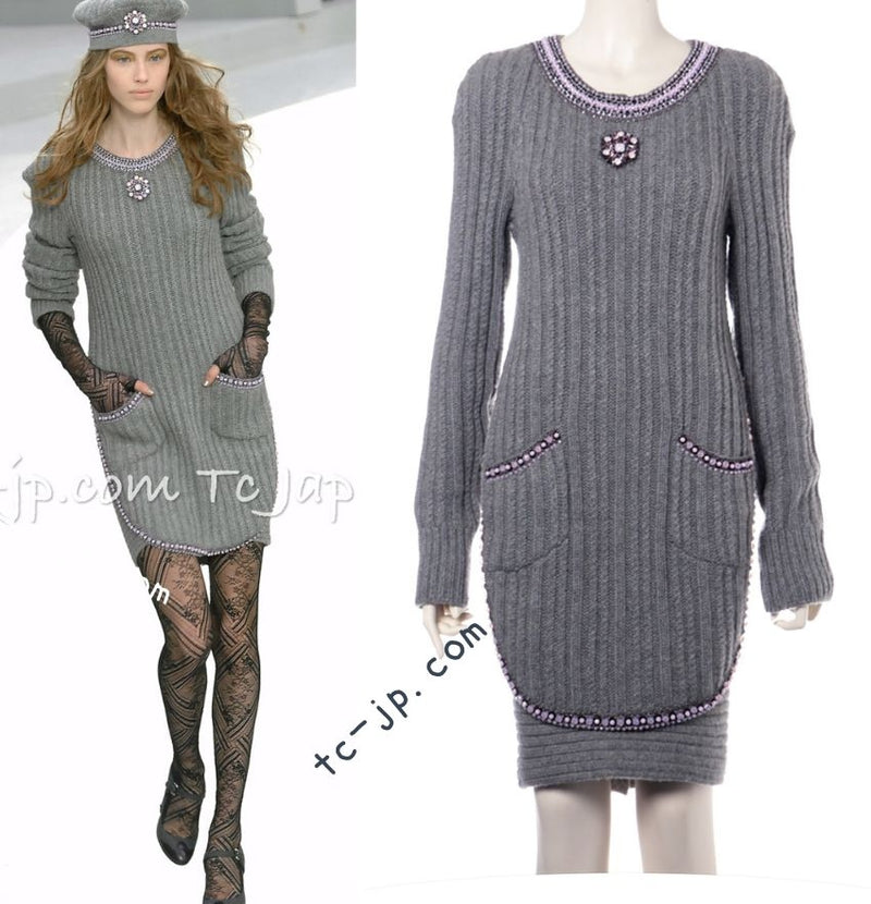 CHANEL 08A Gray Cashmere Beads Trim Knit Tops Skrit Dress 34 36  シャネル グレー カシミヤ ビーズ トリム ニット スカート トップス ワンピース 即発