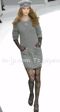 CHANEL 08A Gray Cashmere Beads Trim Knit Tops Skrit Dress 34 36  シャネル グレー カシミヤ ビーズ トリム ニット スカート トップス ワンピース