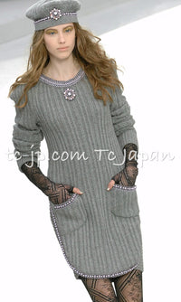 CHANEL 08A Gray Cashmere Beads Trim Knit Tops Skrit Dress 34 36  シャネル グレー カシミヤ ビーズ トリム ニット スカート トップス ワンピース