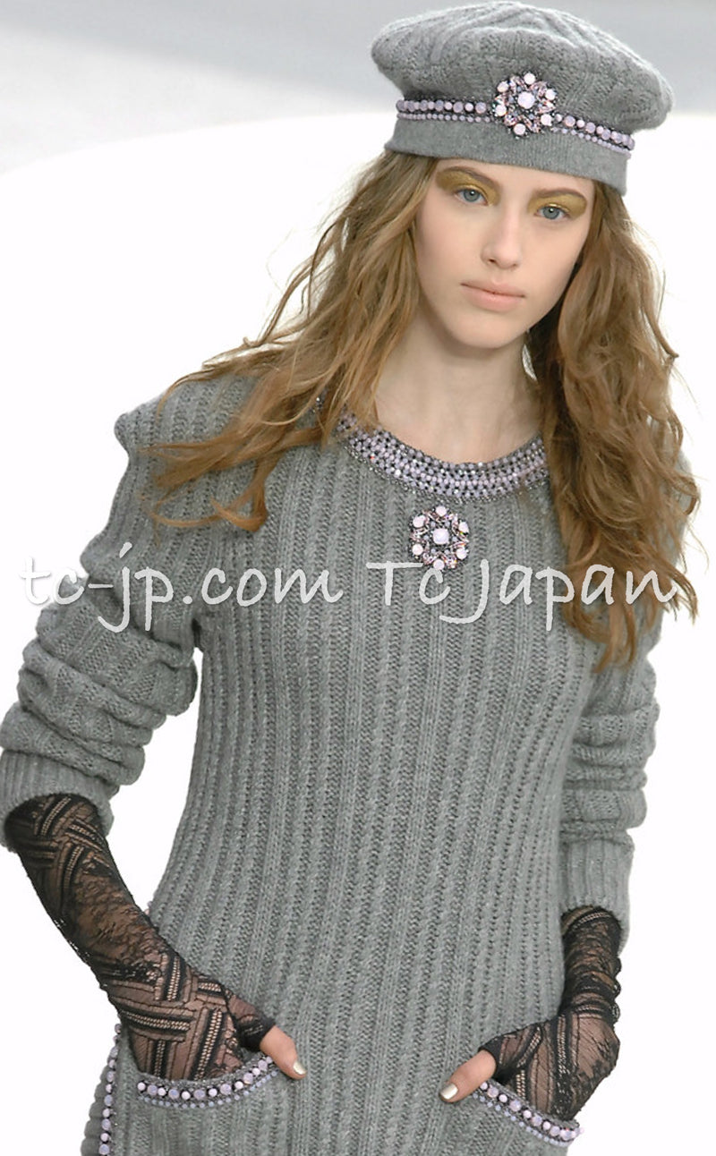 CHANEL 08A Gray Cashmere Beads Trim Knit Tops Skrit Dress 34 36  シャネル グレー カシミヤ ビーズ トリム ニット スカート トップス ワンピース 即発