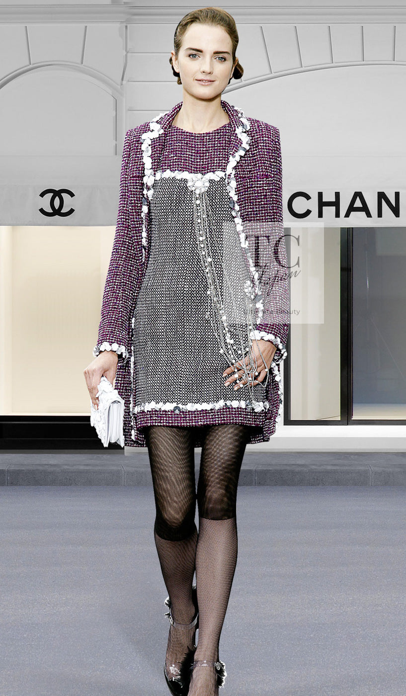 CHANEL 09S Purple Cotton Wool Tweed Sequin Trim Coat 44 46 シャネル パープル コットン ウール ツイード スパンコール トリム コート 即発