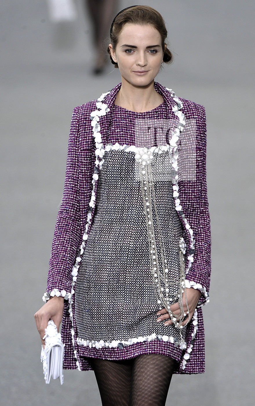 CHANEL 09S Purple Cotton Wool Tweed Sequin Trim Coat 44 46 シャネル パープル コットン ウール ツイード スパンコール トリム コート 即発