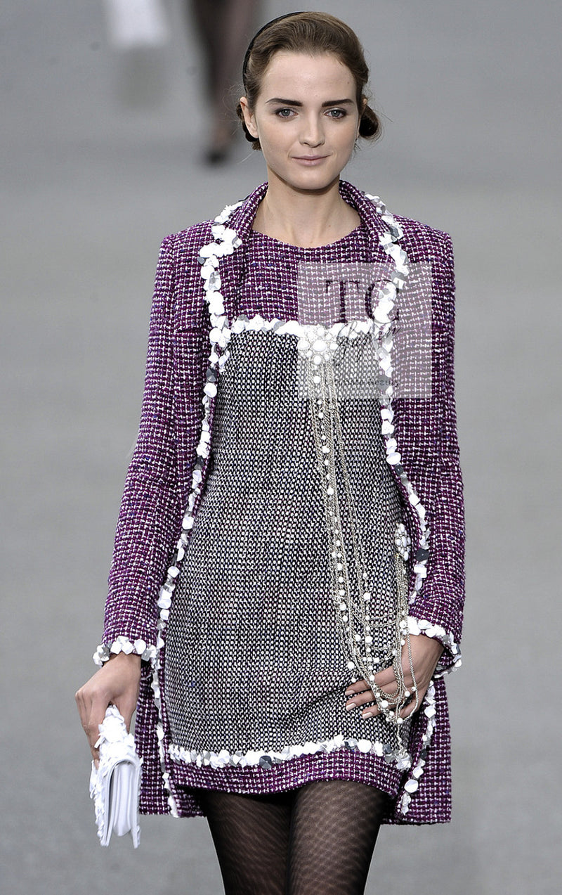 CHANEL 09S Purple Cotton Wool Tweed Sequin Trim Coat 44 46 シャネル パープル コットン ウール ツイード スパンコール トリム コート 即発
