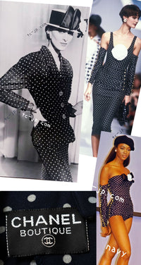 CHANEL 89S Vintage Navy Gray Wool Dot Print Dress 34 36 シャネル ヴィンテージ ネイビー グレー ウール ドット柄 ワンピース 即発