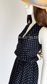 CHANEL 89S Vintage Navy Gray Wool Dot Print Dress 34 36 シャネル ヴィンテージ ネイビー グレー ウール ドット柄 ワンピース 即発