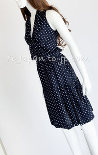 CHANEL 89S Vintage Navy Gray Wool Dot Print Dress 34 36 シャネル ヴィンテージ ネイビー グレー ウール ドット柄 ワンピース 即発