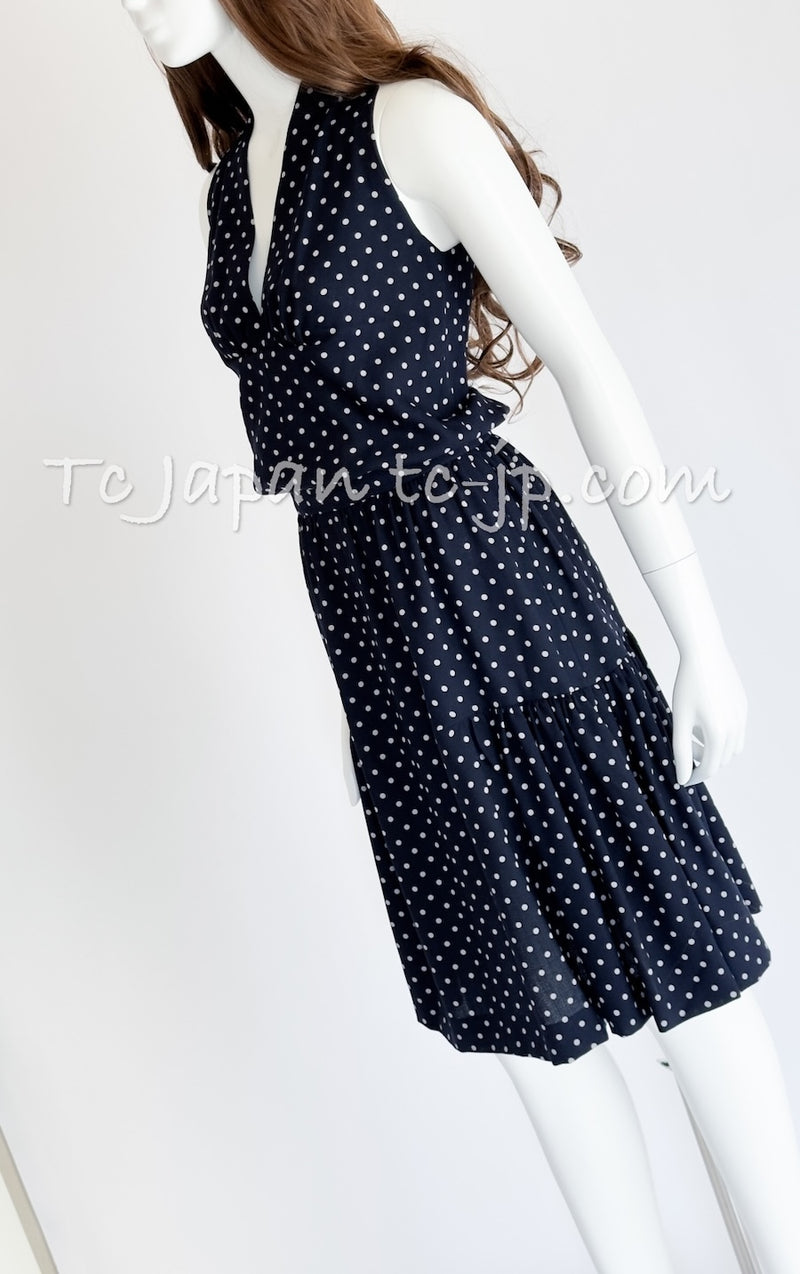 CHANEL 89S Vintage Navy Gray Wool Dot Print Dress 34 36 シャネル ヴィンテージ ネイビー グレー ウール ドット柄 ワンピース 即発