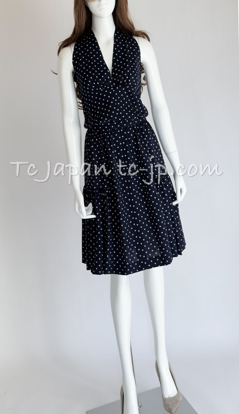CHANEL 89S Vintage Navy Gray Wool Dot Print Dress 34 36 シャネル ヴィンテージ ネイビー グレー ウール ドット柄 ワンピース 即発