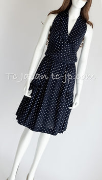 CHANEL 89S Vintage Navy Gray Wool Dot Print Dress 34 36 シャネル ヴィンテージ ネイビー グレー ウール ドット柄 ワンピース 即発