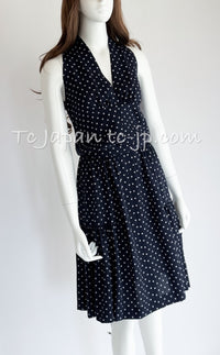CHANEL 89S Vintage Navy Gray Wool Dot Print Dress 34 36 シャネル ヴィンテージ ネイビー グレー ウール ドット柄 ワンピース 即発