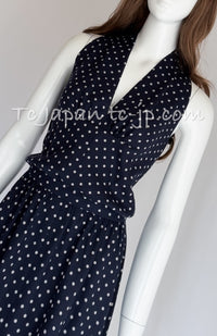 CHANEL 89S Vintage Navy Gray Wool Dot Print Dress 34 36 シャネル ヴィンテージ ネイビー グレー ウール ドット柄 ワンピース 即発