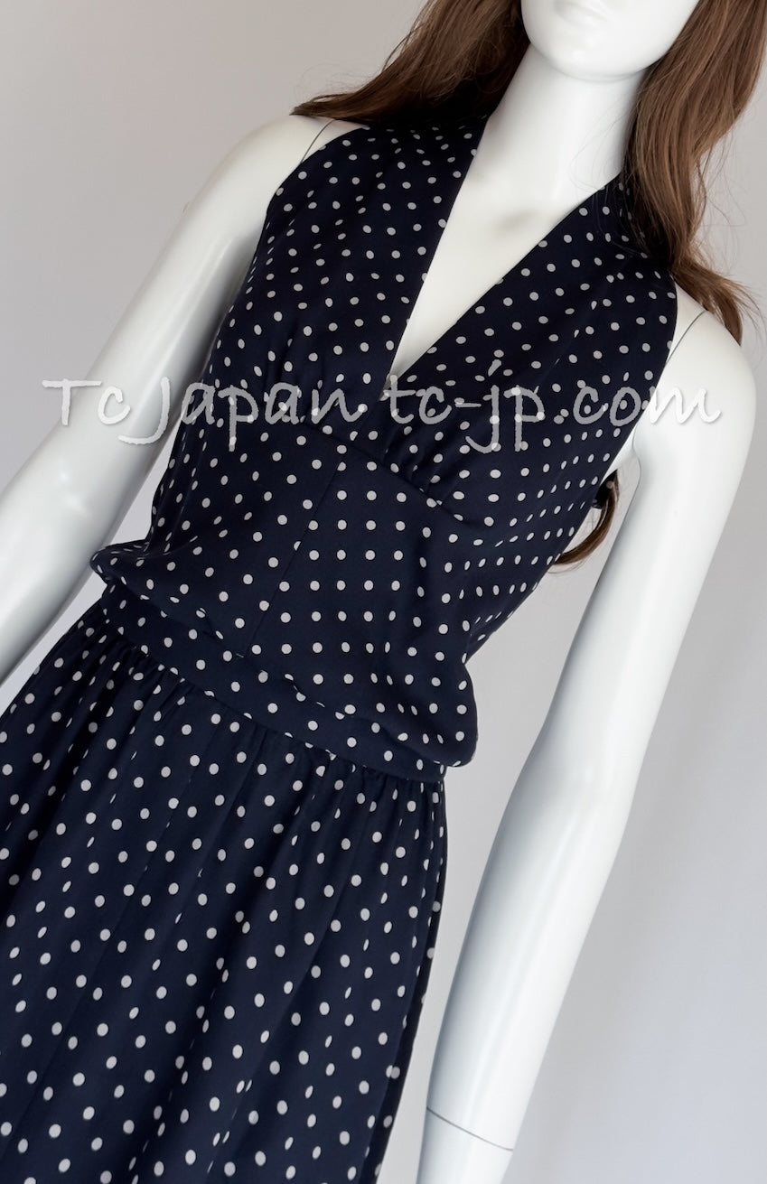CHANEL 89S Vintage Navy Gray Wool Dot Print Dress 34 36 シャネル ヴィンテージ ネイビー グレー ウール ドット柄 ワンピース 即発